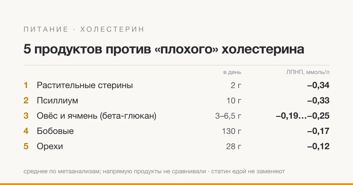5 продуктов против плохого холестерина: сколько есть и насколько снижается ЛПНП